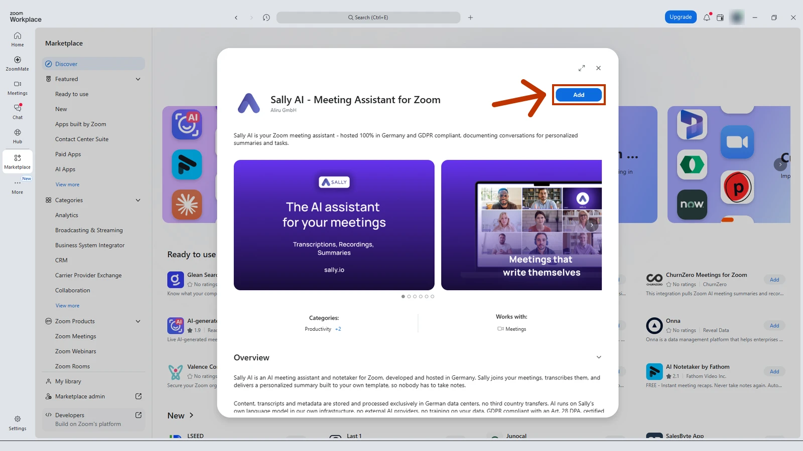 Sally AI - Meeting Assistant for Zoom listing in the Marketplace with the Add button highlighted