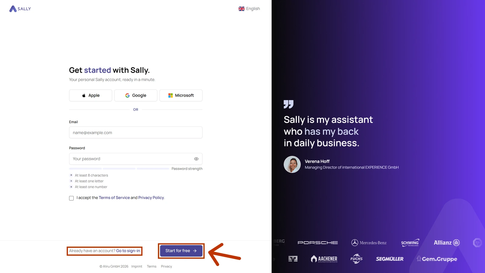 Sally sign-up page with the Start for free button and the Go to sign-in link highlighted