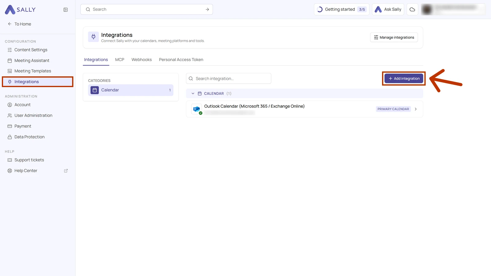 Integrations page in Sally with the Integrations menu item and the Add integration button highlighted