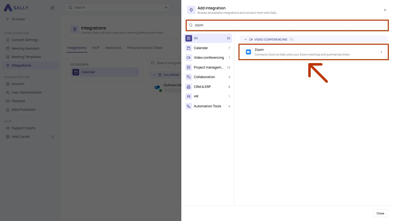 Add integration window with the search field containing zoom and the Zoom entry highlighted
