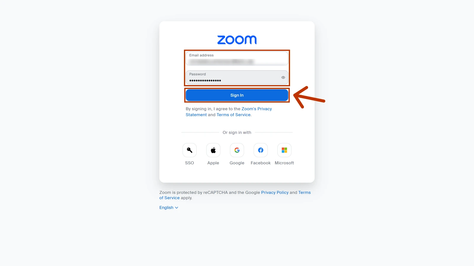 Zoom sign-in page with the email and password fields and the Sign In button highlighted