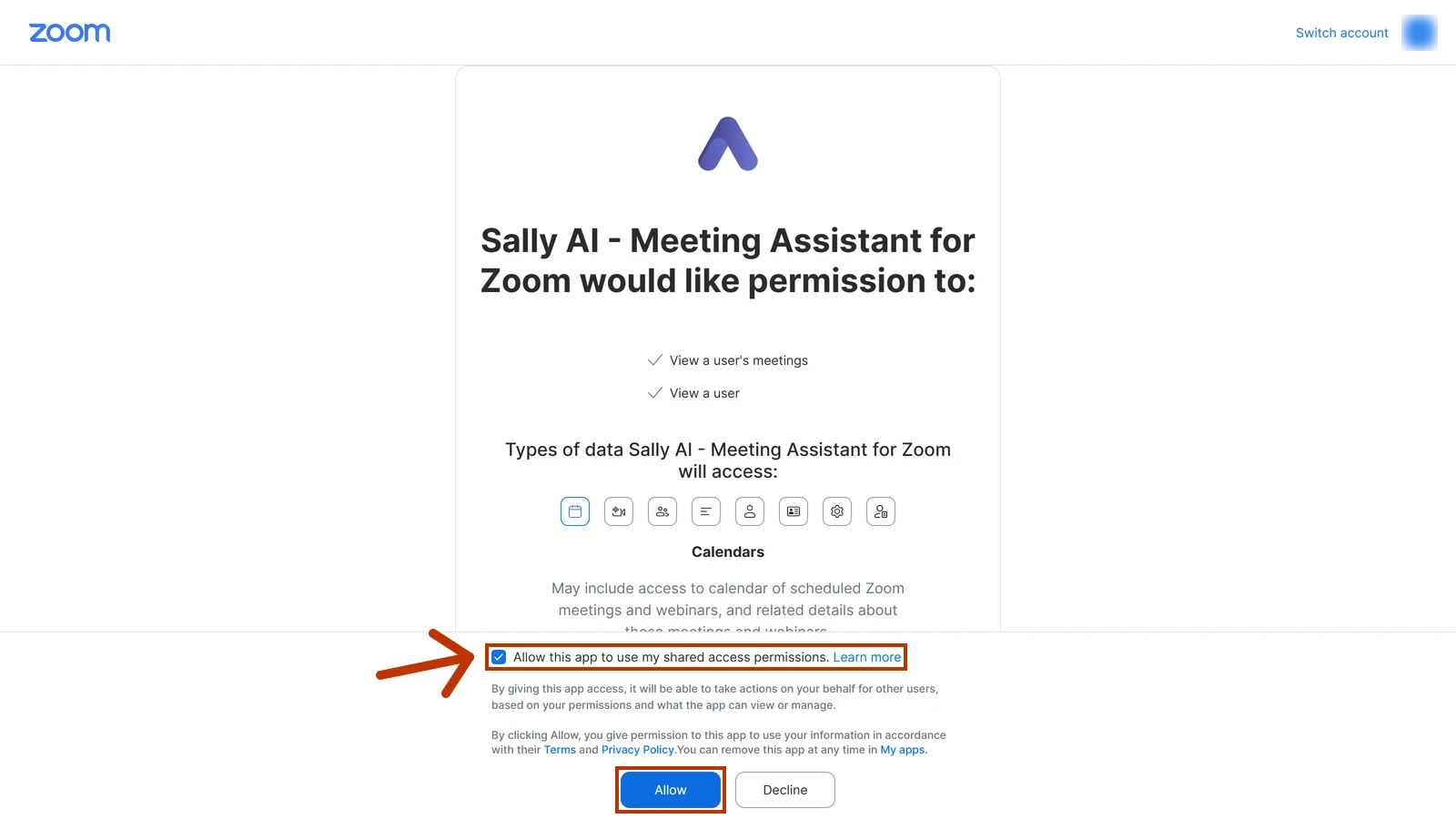 Zoom permission page with the ticked Allow this app to use my shared access permissions checkbox and Allow highlighted