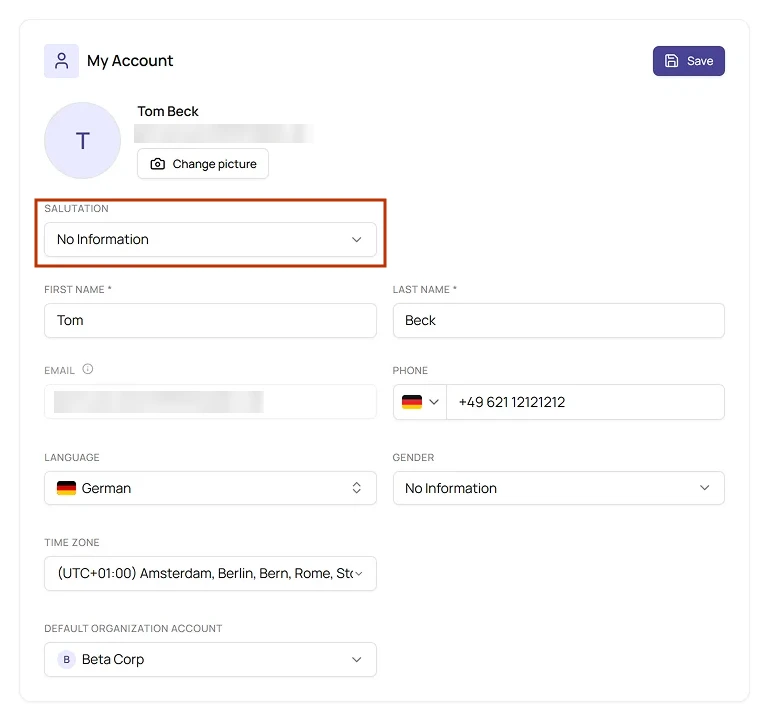 My Account tab with the Salutation field highlighted