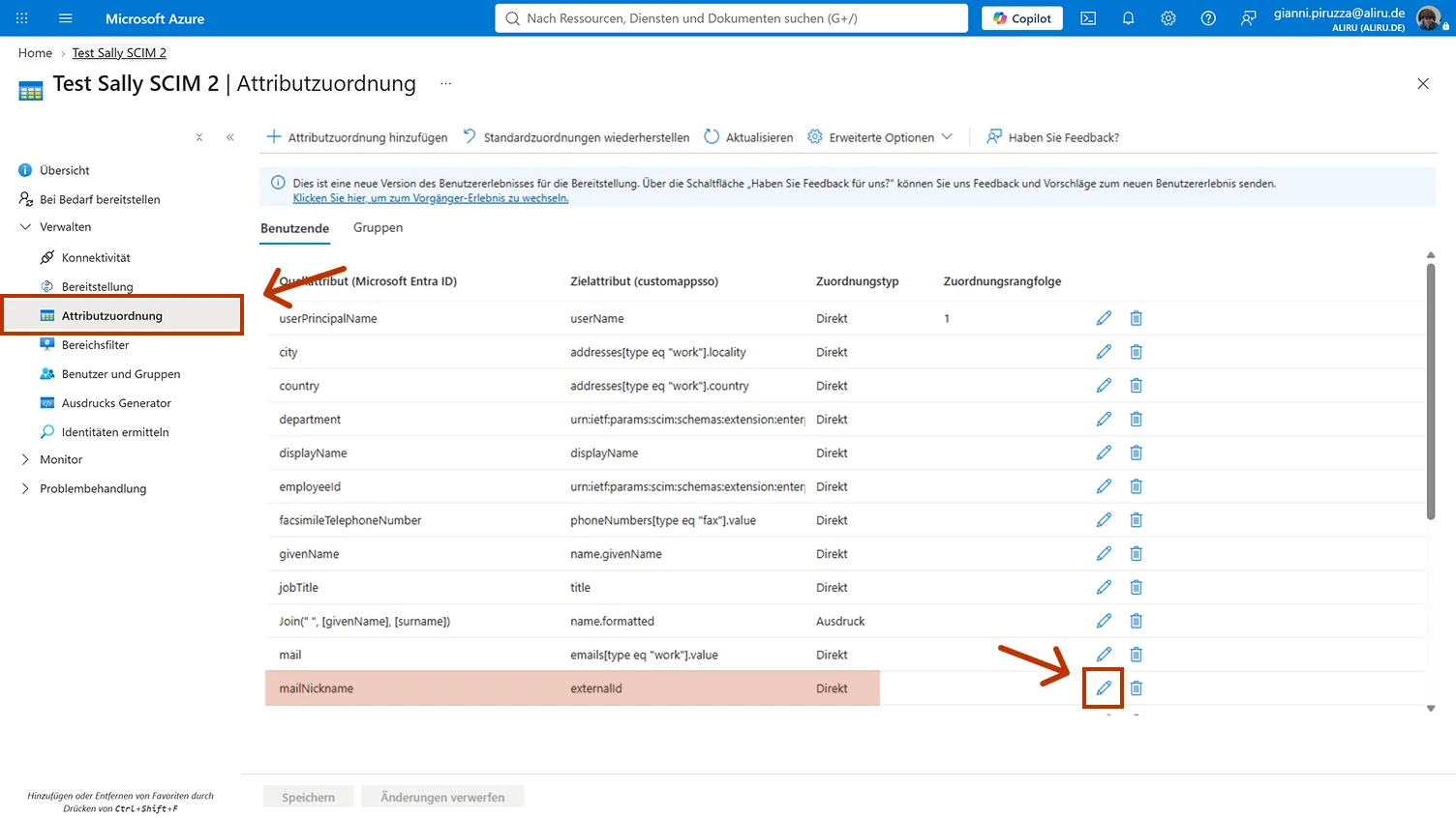 Attribute mapping list in Microsoft Entra with the row mailNickname to externalId and its edit pencil highlighted