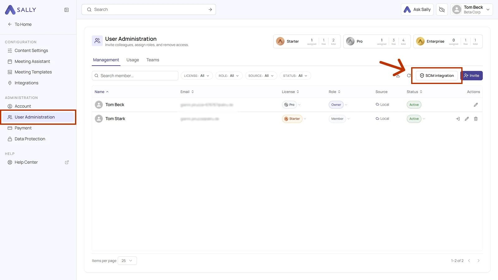 User Administration with the SCIM integration button in the top right highlighted