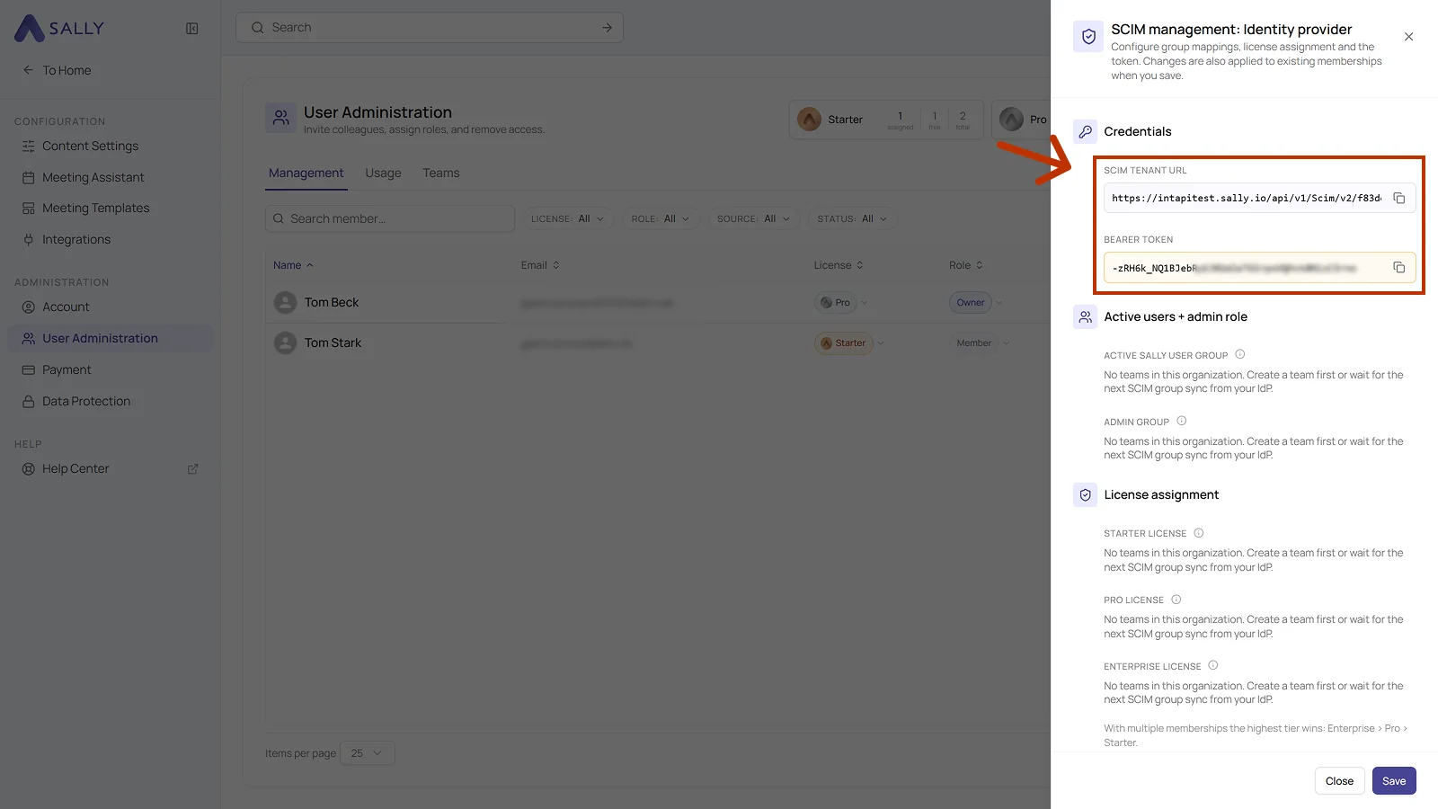 SCIM management panel with the SCIM tenant URL and Bearer token credentials highlighted