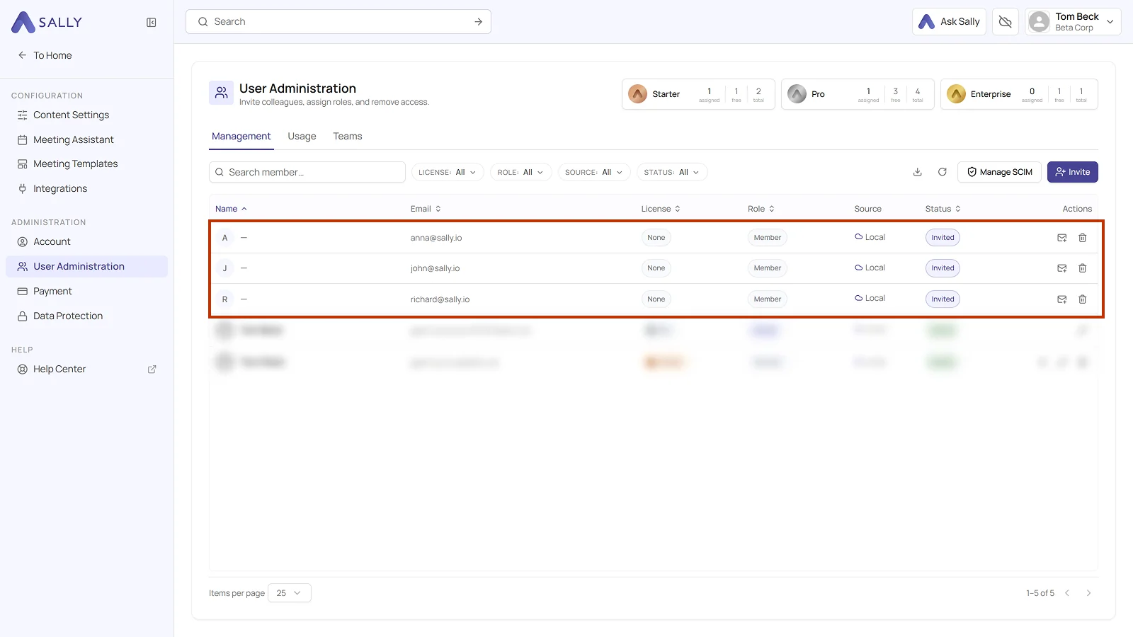 User Administration with three new members in the Invited status and without a license
