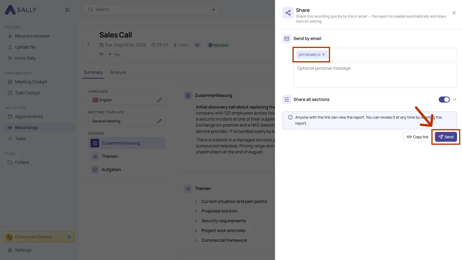 Sharing panel in Sally with email recipients, section selection, and the Send button