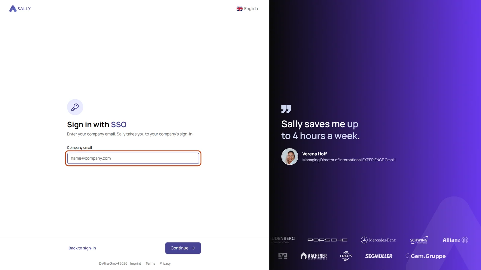 Sign in with SSO page with the Company email field highlighted and the Continue button