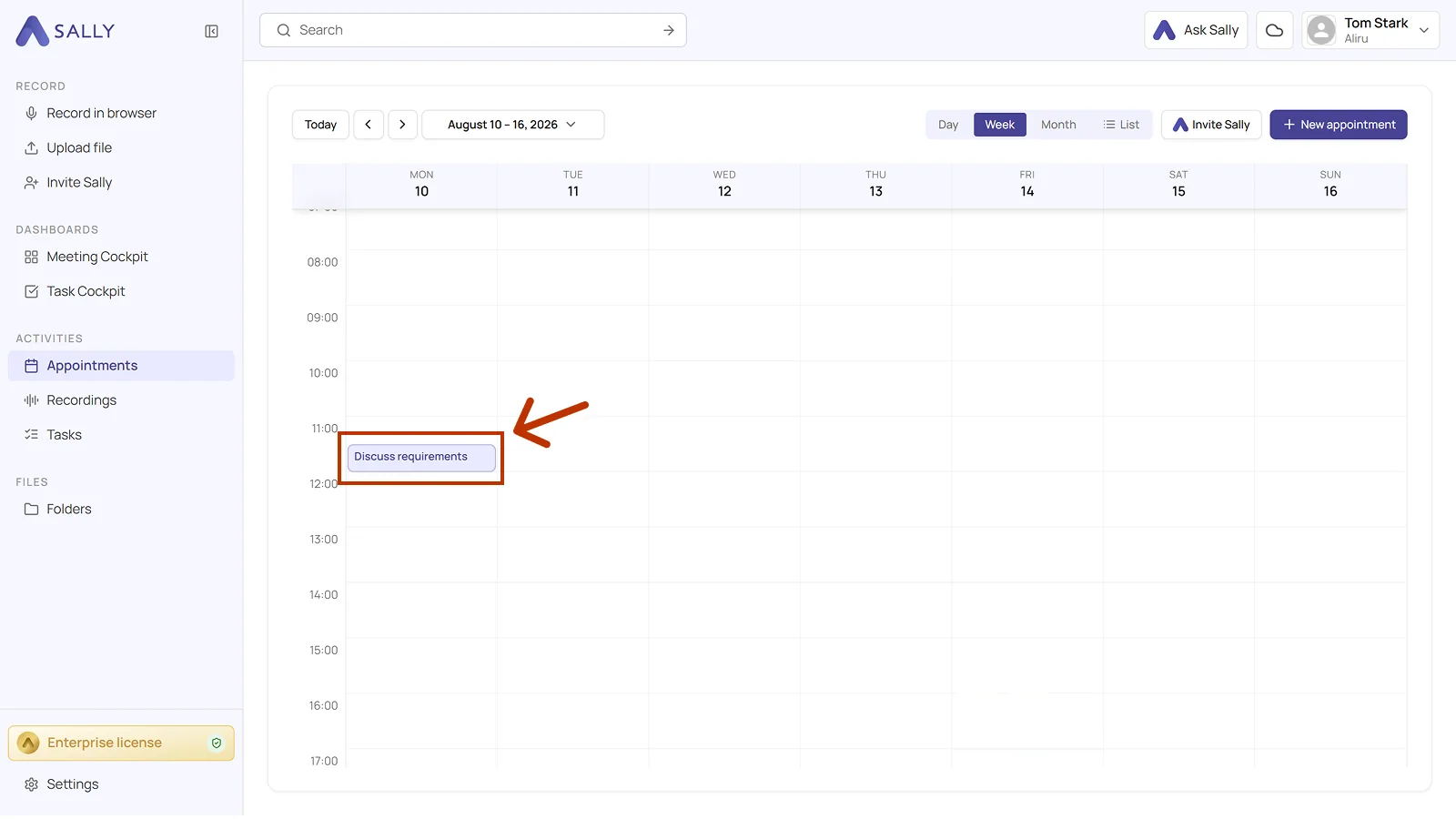 Sally calendar with the appointment highlighted