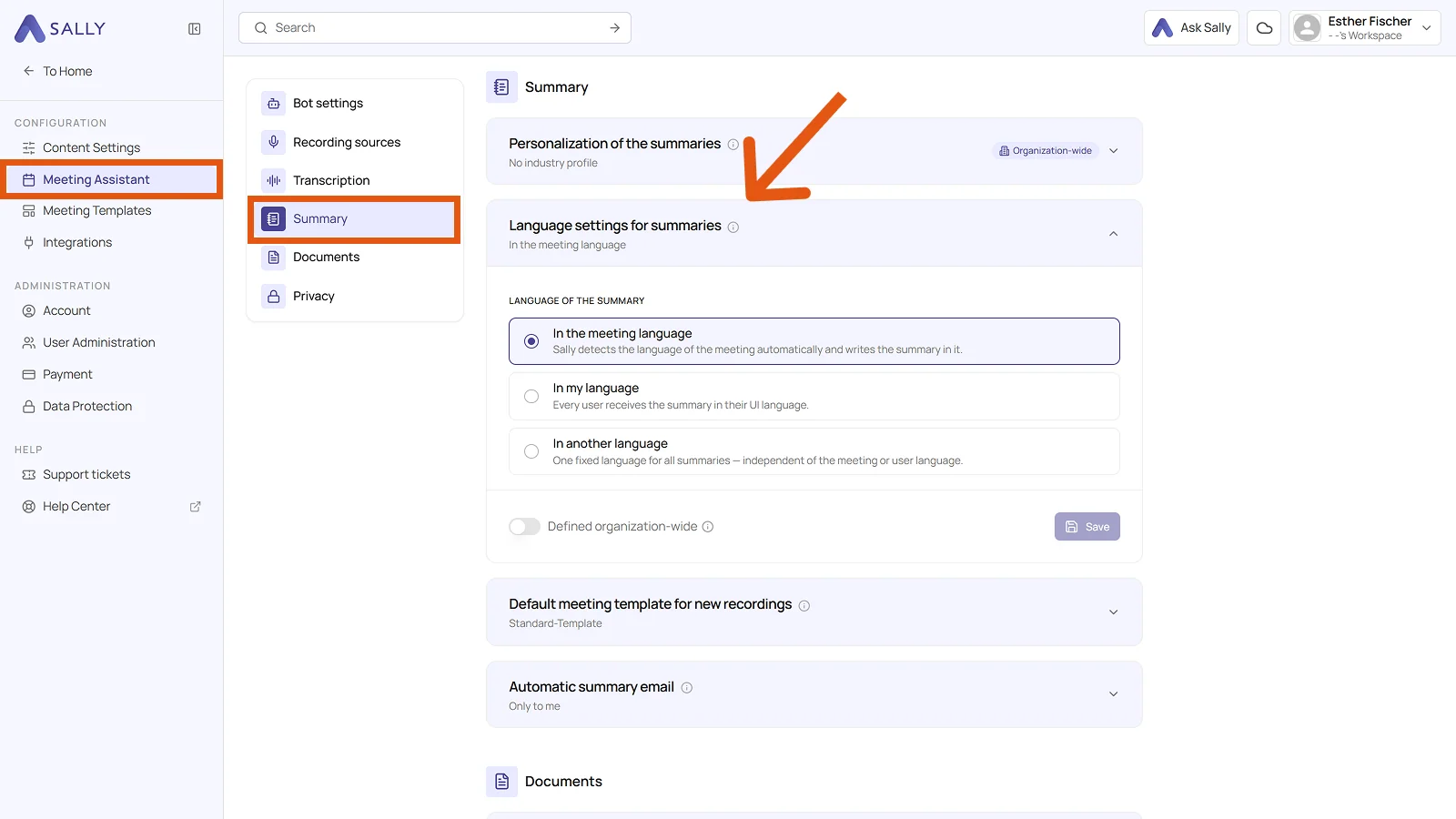 Summary tab in the Meeting Assistant with the language settings for summaries expanded