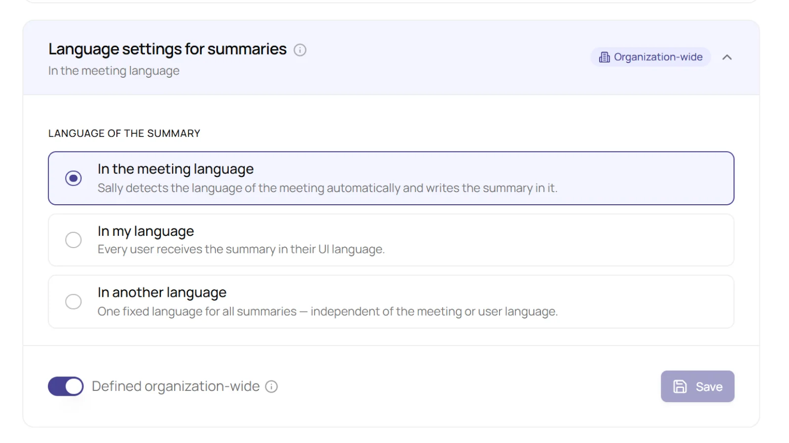 Language settings for summaries section with the option In the meeting language selected