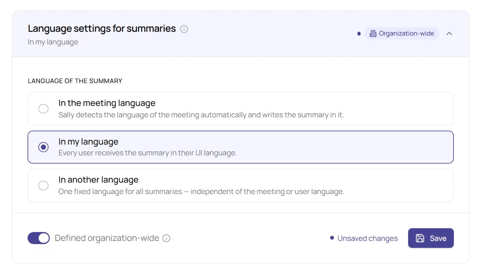 Language settings for summaries section with the option In my language selected