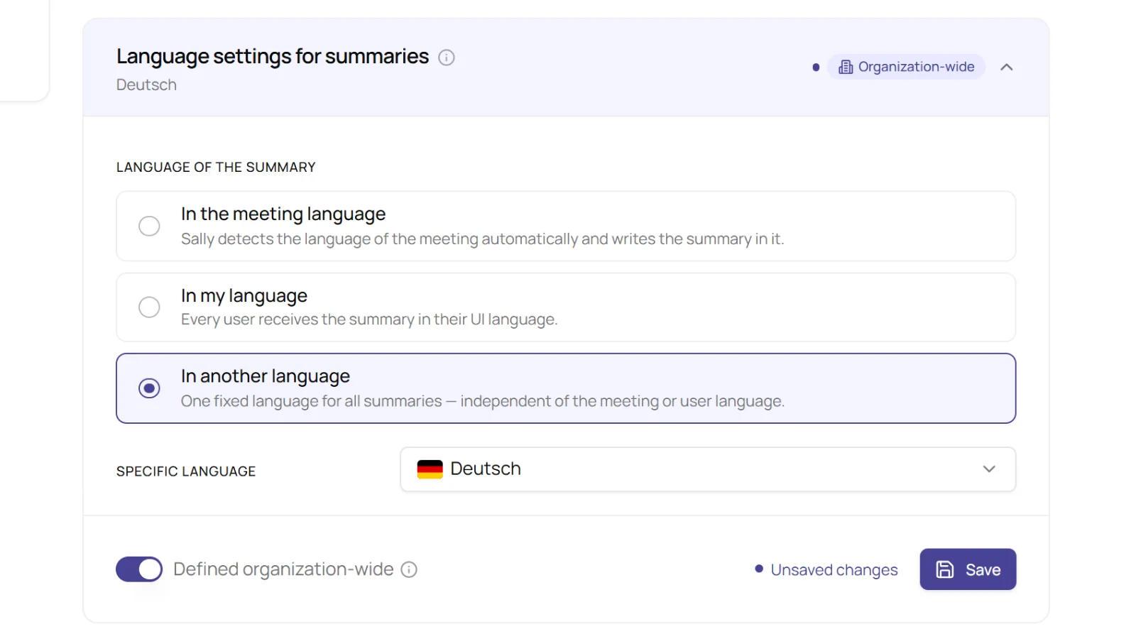Language settings for summaries section with the option In another language and German selected