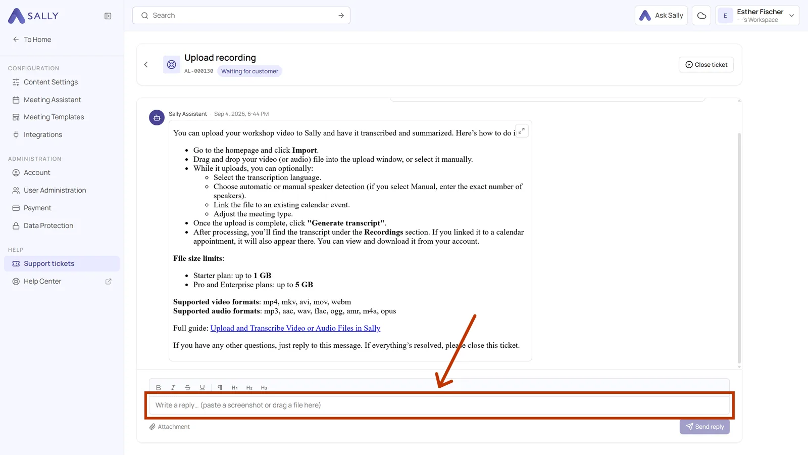 Ticket detail view with the message history and the reply field
