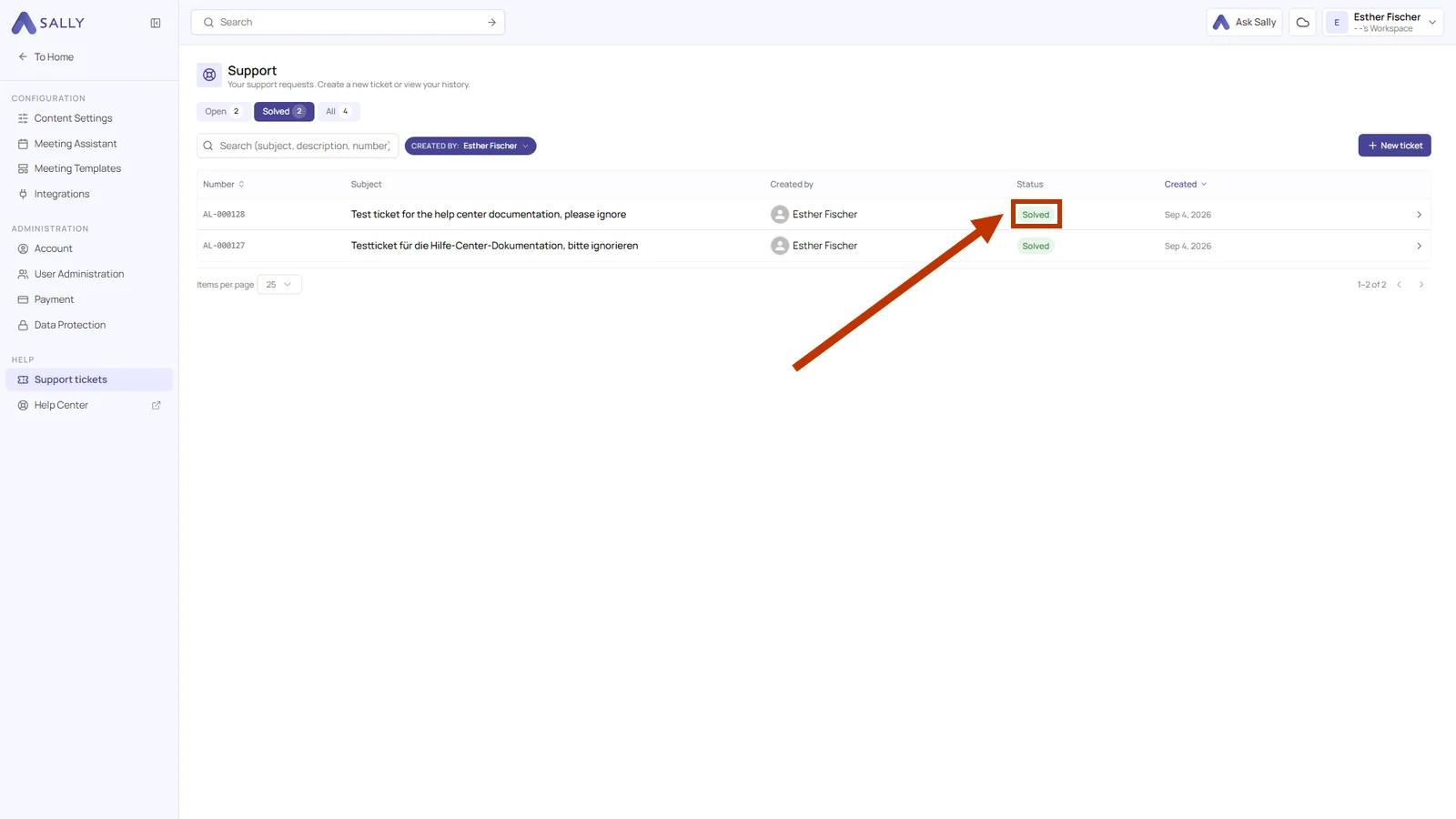 Ticket list under Solved with the status tabs, the search field and the Solved pill framed