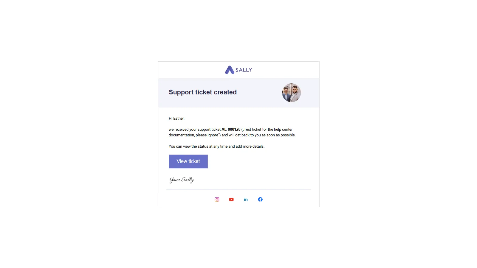 Confirmation email for a new support ticket with the ticket number and the button View ticket