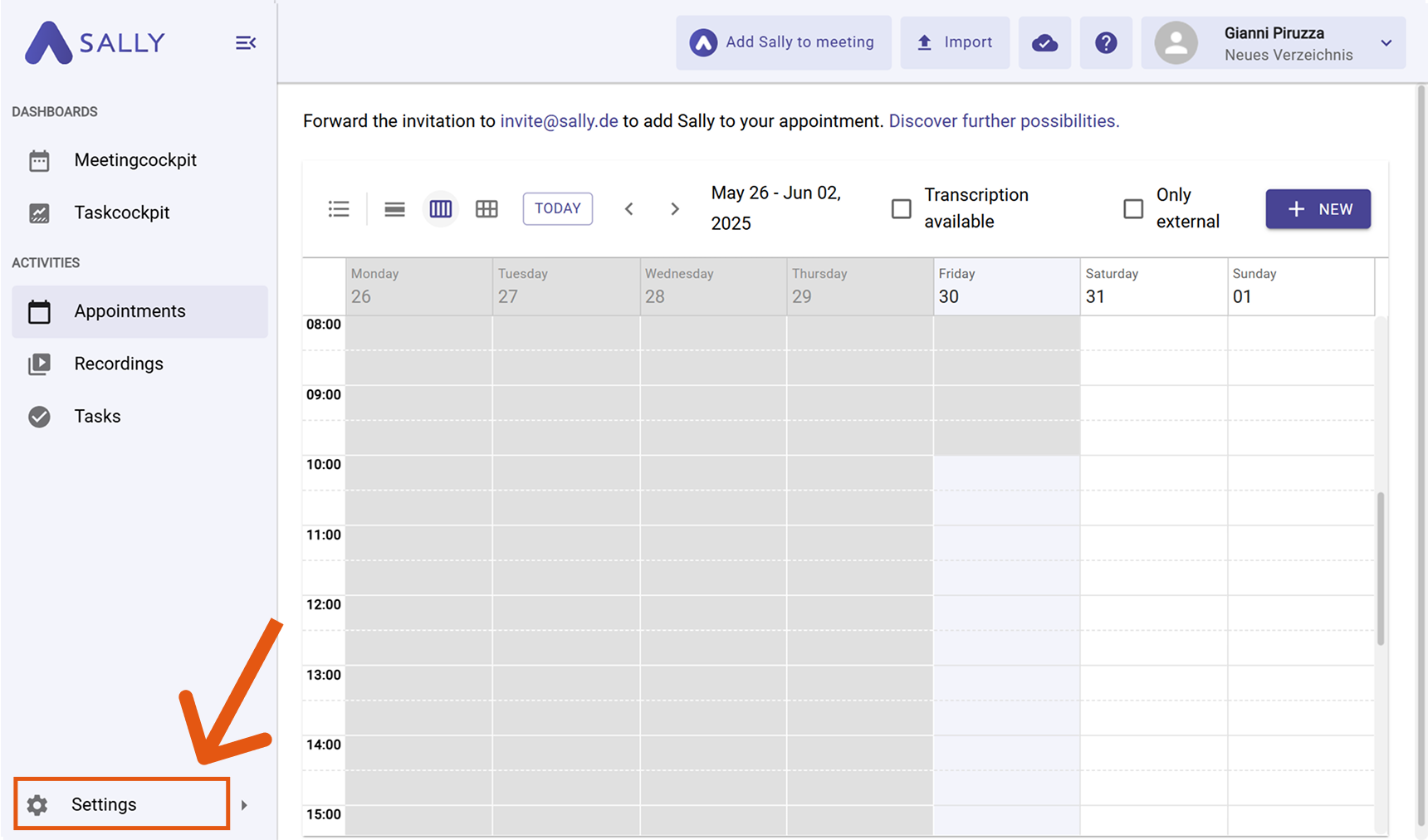 Sally interface with Settings highlighted in the left sidebar