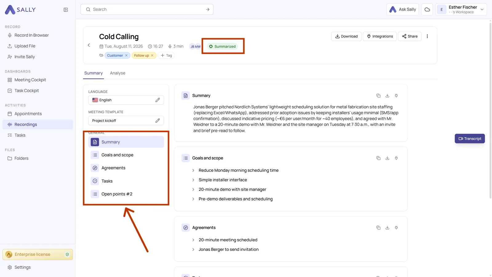 Recording with the highlighted new section list and the marked Summarized status next to the title