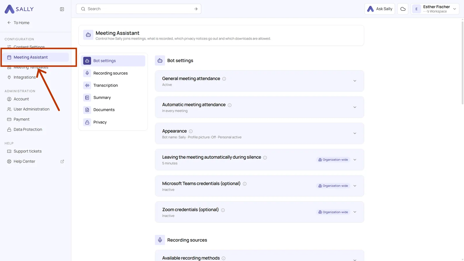 Settings sidebar with the Meeting assistant entry highlighted