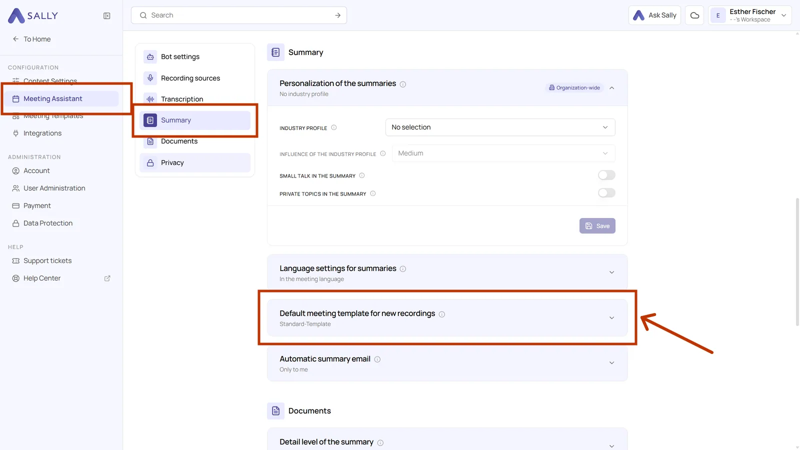 Meeting assistant with the marked sidebar entry, the marked Summary item and the highlighted setting for the default meeting template