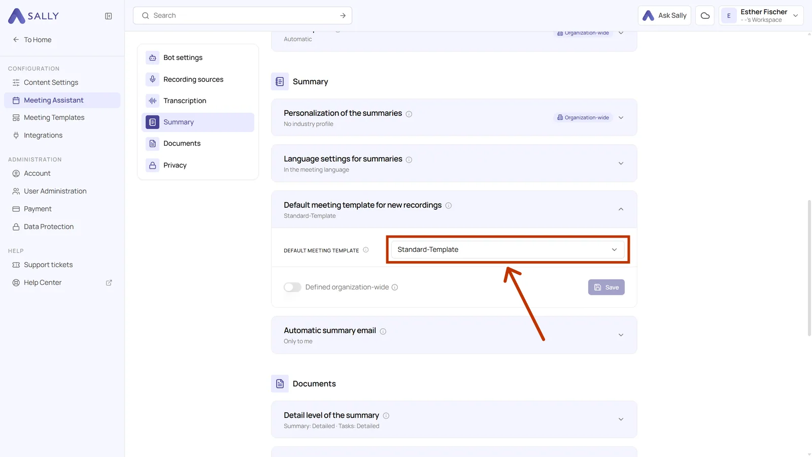 Expanded setting with the highlighted selection field for the default meeting template