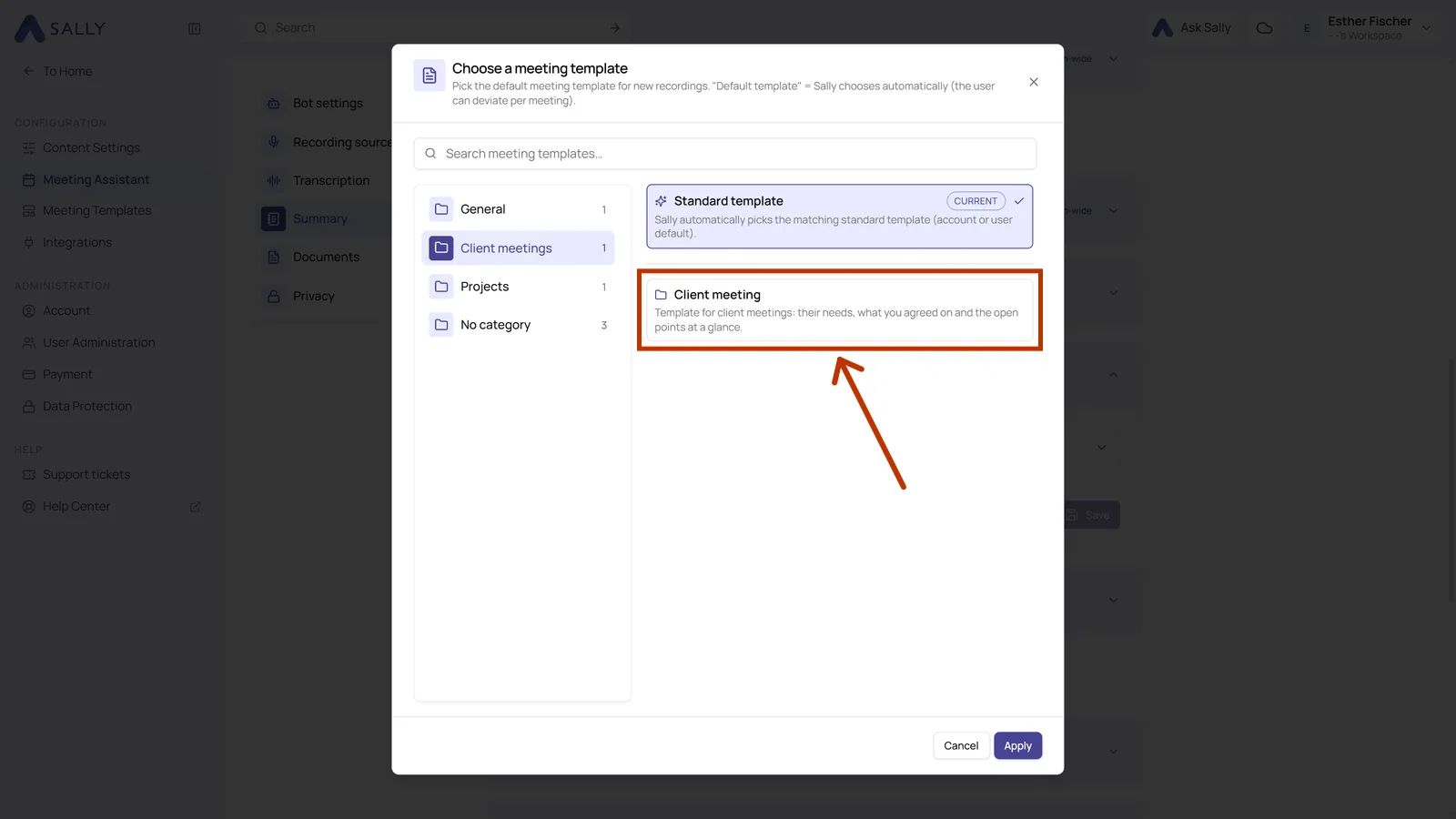 Select a meeting template dialog with the category list and the highlighted template card