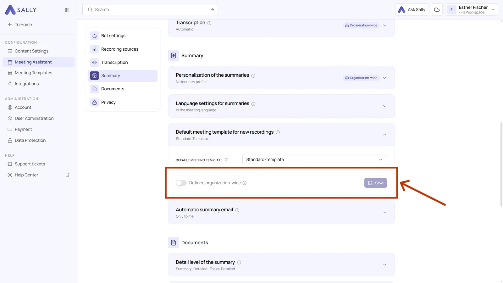 Setting with the highlighted switch for the organization-wide default and the Save button