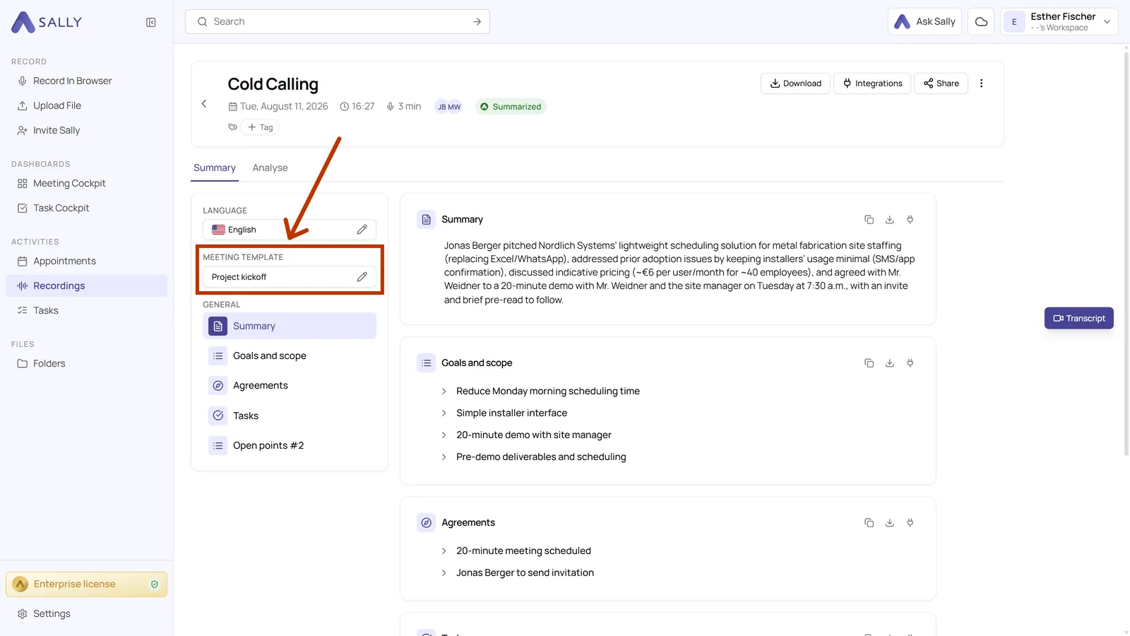 Summary of a recording with the highlighted meeting template above the section list
