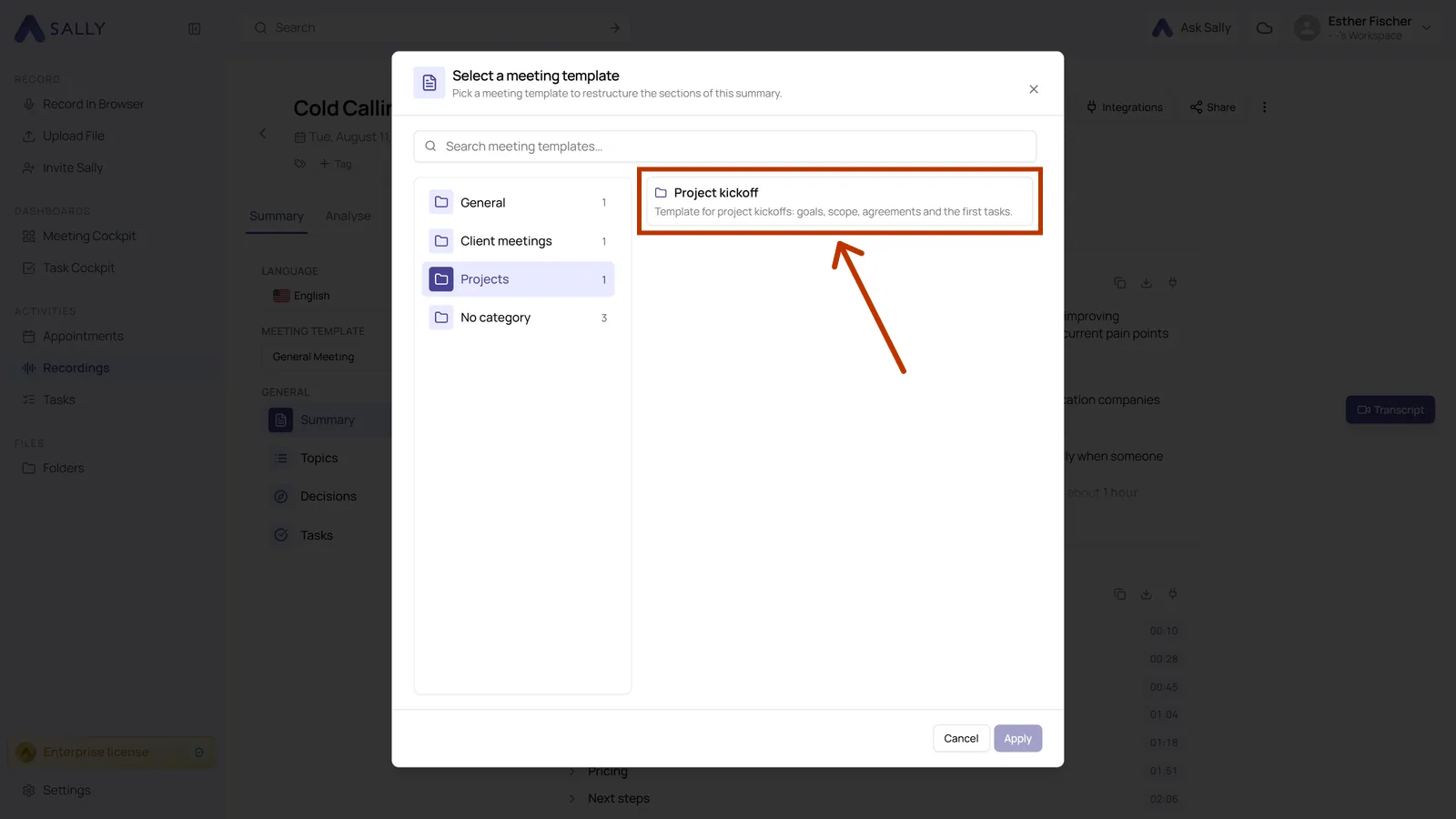 Select a meeting template dialog inside a recording with the highlighted template card