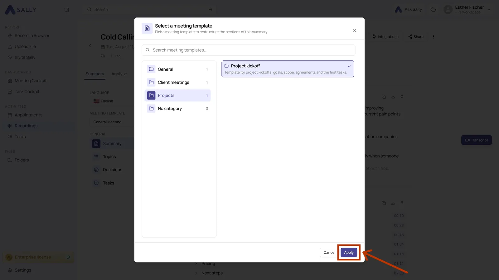 Template selection with the highlighted Apply button