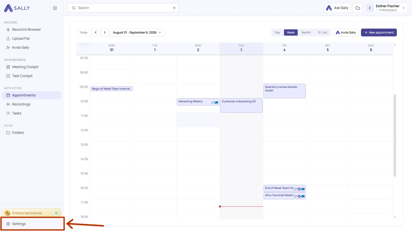 Sally calendar view with the highlighted Settings entry at the bottom of the sidebar