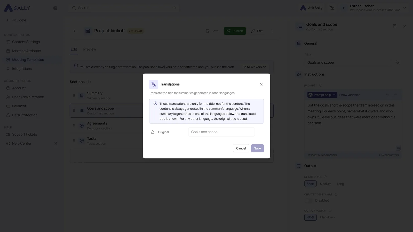 Translations window with the original title, the Add language link and the Save button