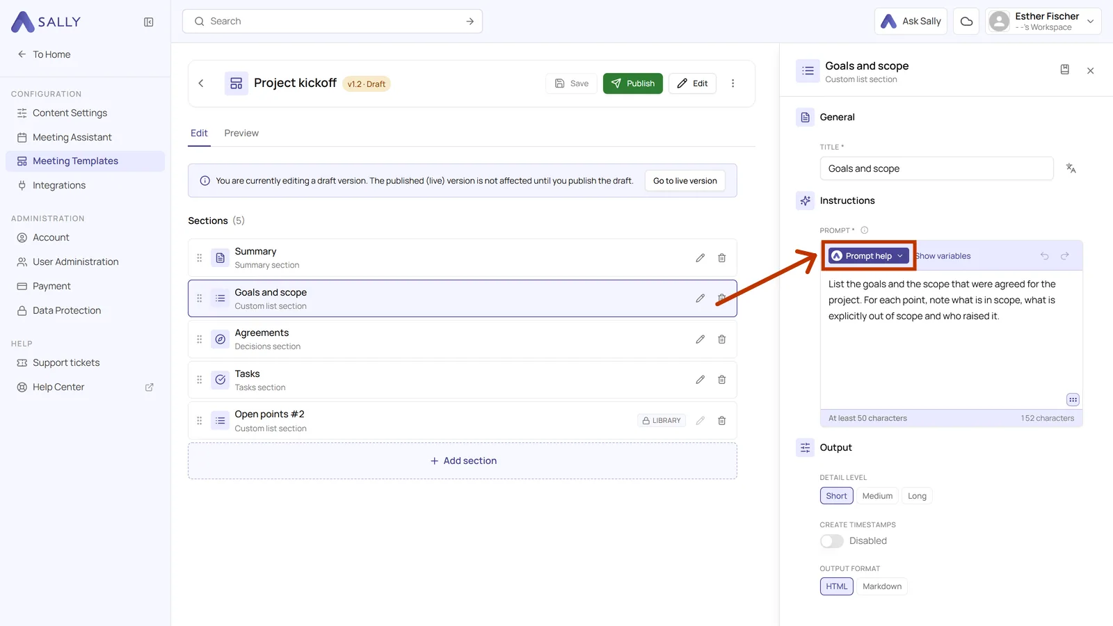 Section settings with the highlighted Prompt help button above the prompt field
