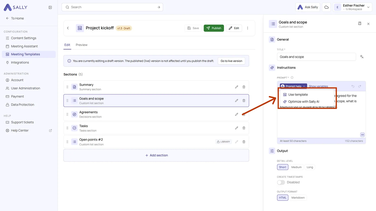 Highlighted Prompt help menu with the entries Use template and Optimize with Sally AI