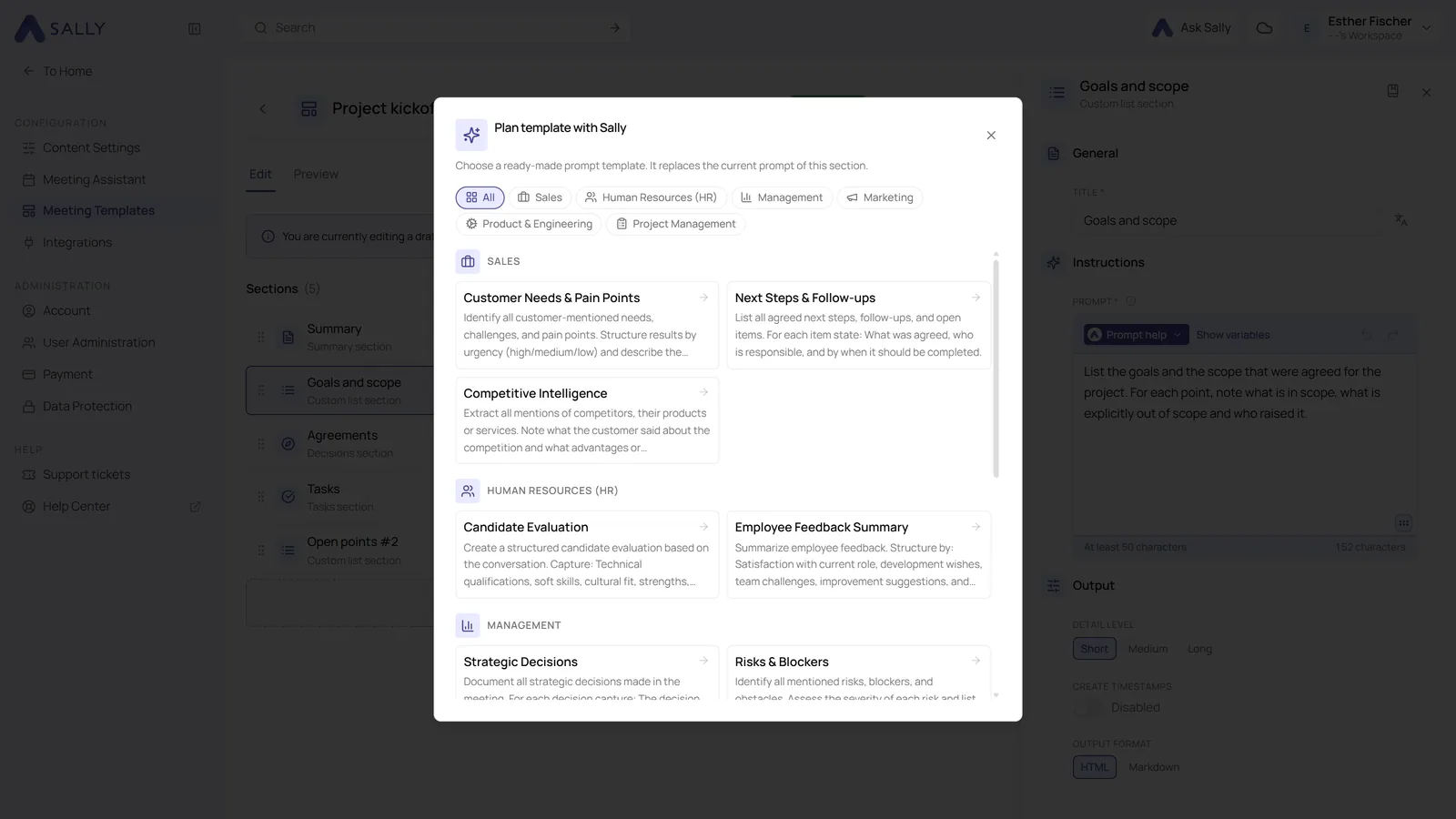 Dialog with ready-made prompt templates sorted by area