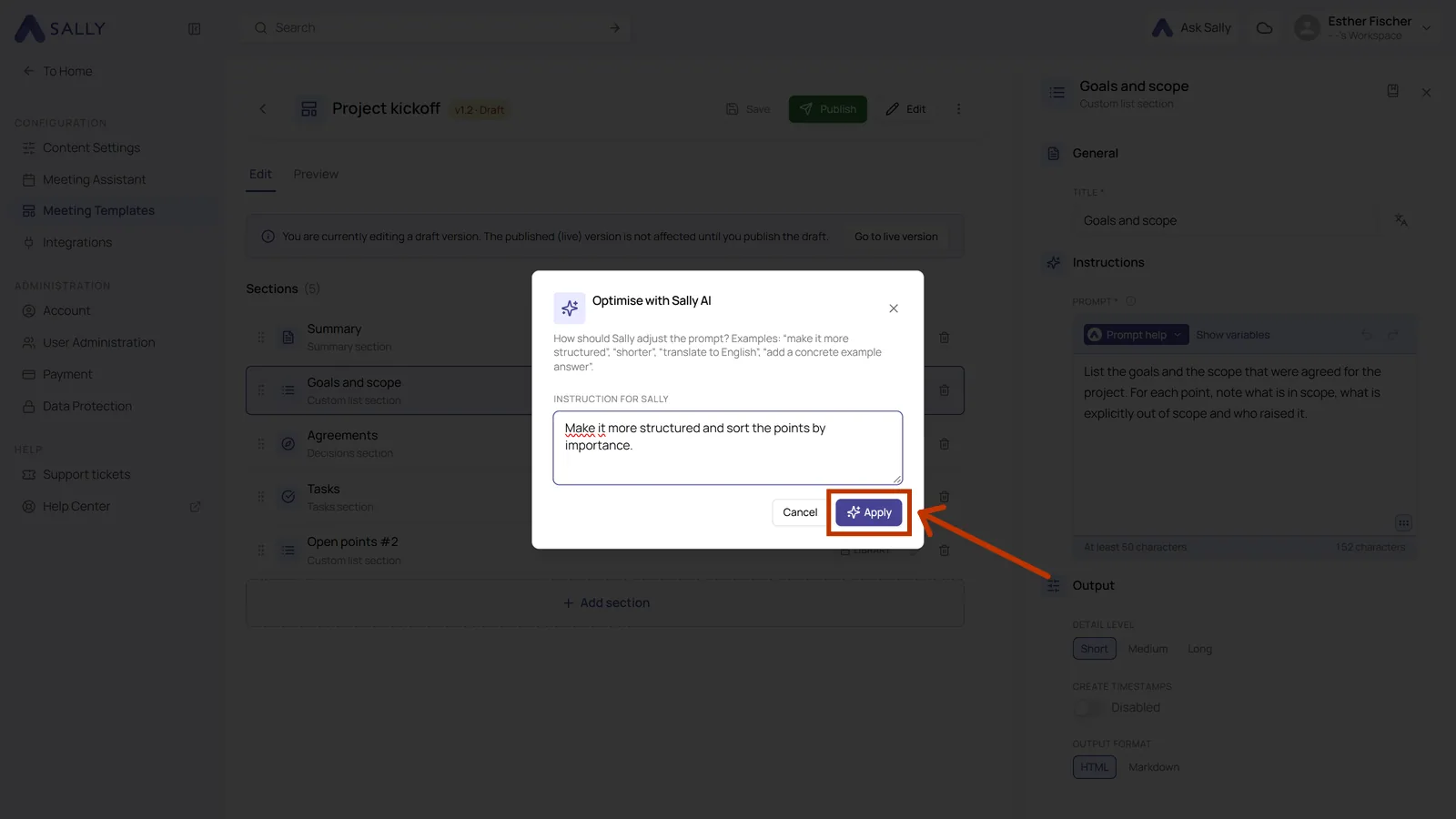 Dialog for optimizing the prompt with an instruction for Sally and the highlighted Apply button