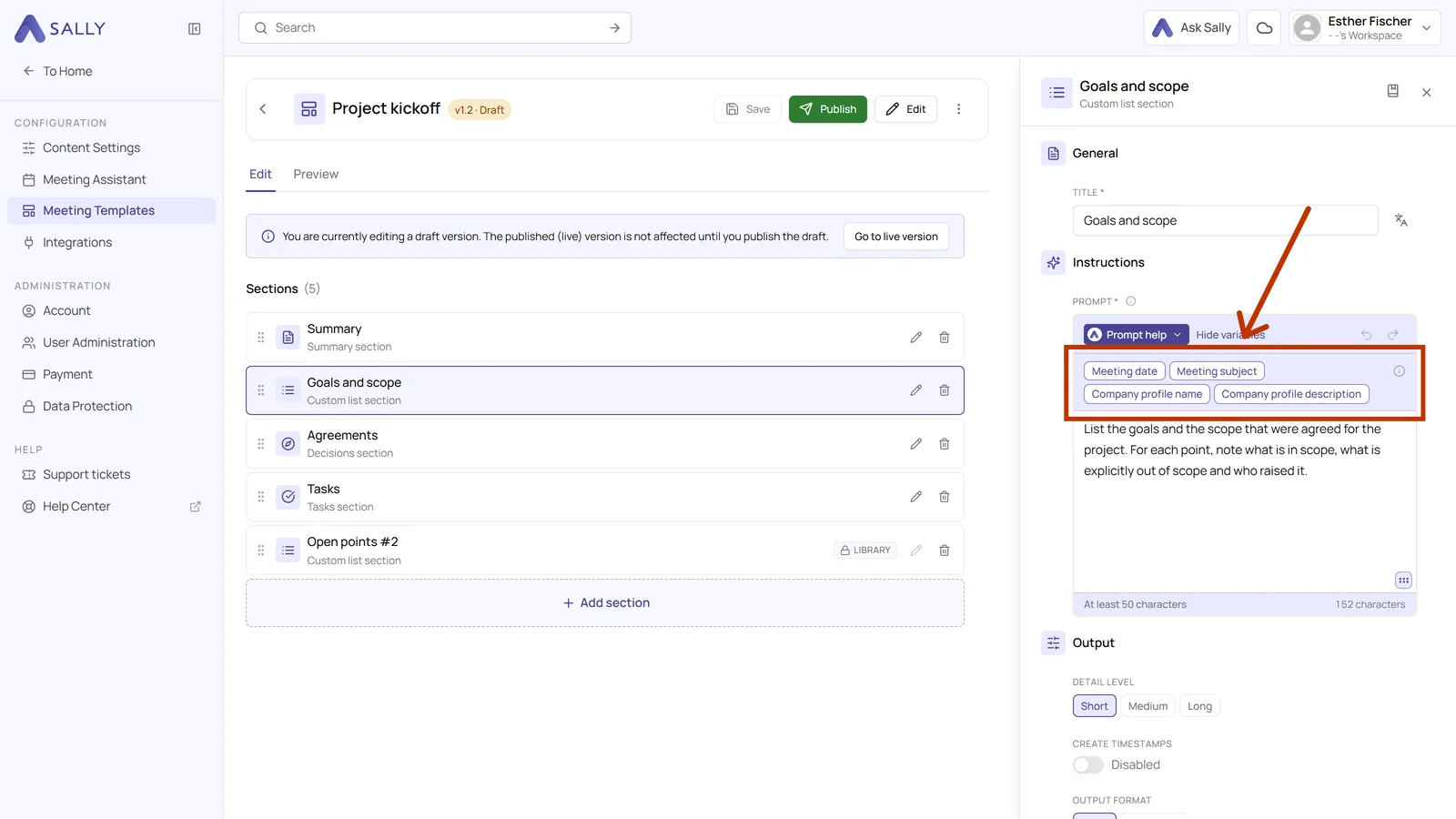 Prompt field with the highlighted list of available variables