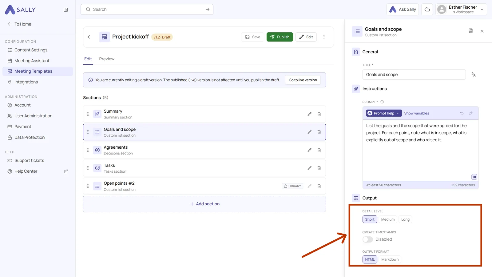 Output settings of a section with detail level, timestamps and output format