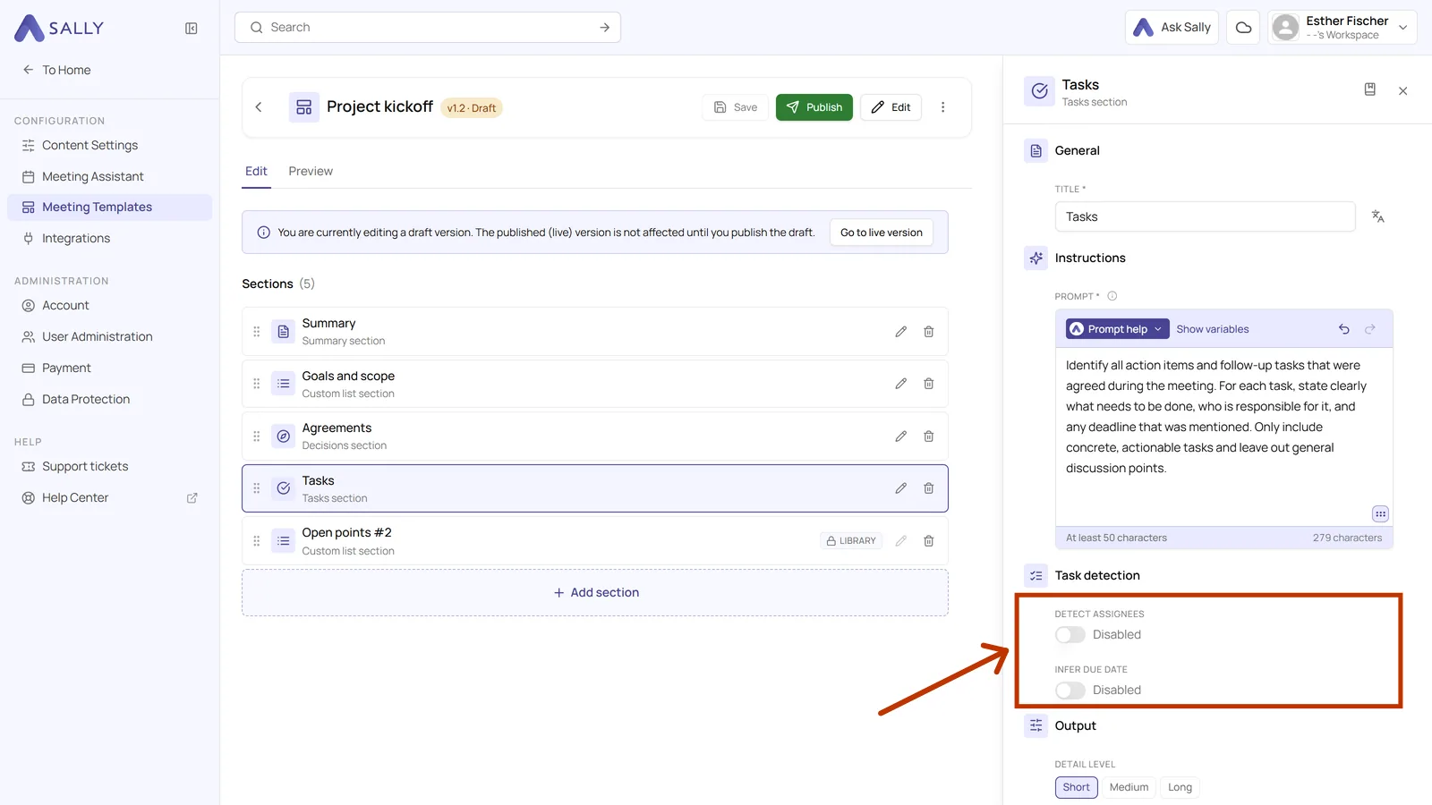 Task detection settings with the options for assignees and due dates