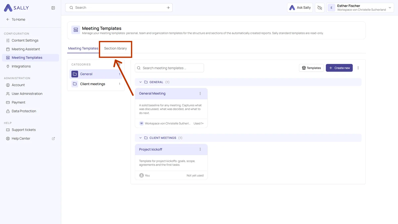 Meeting templates overview with the highlighted Section library tab