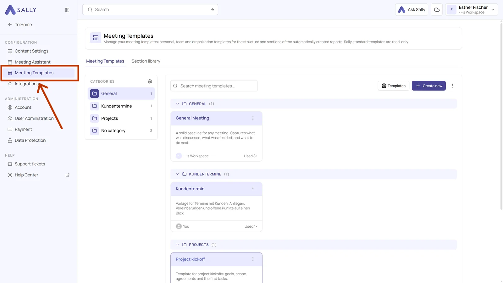 Settings sidebar with the Meeting templates entry highlighted