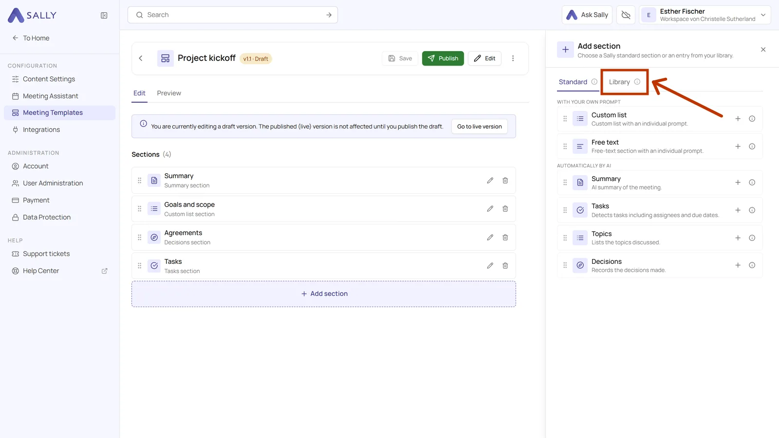 Add section panel with the highlighted Library tab
