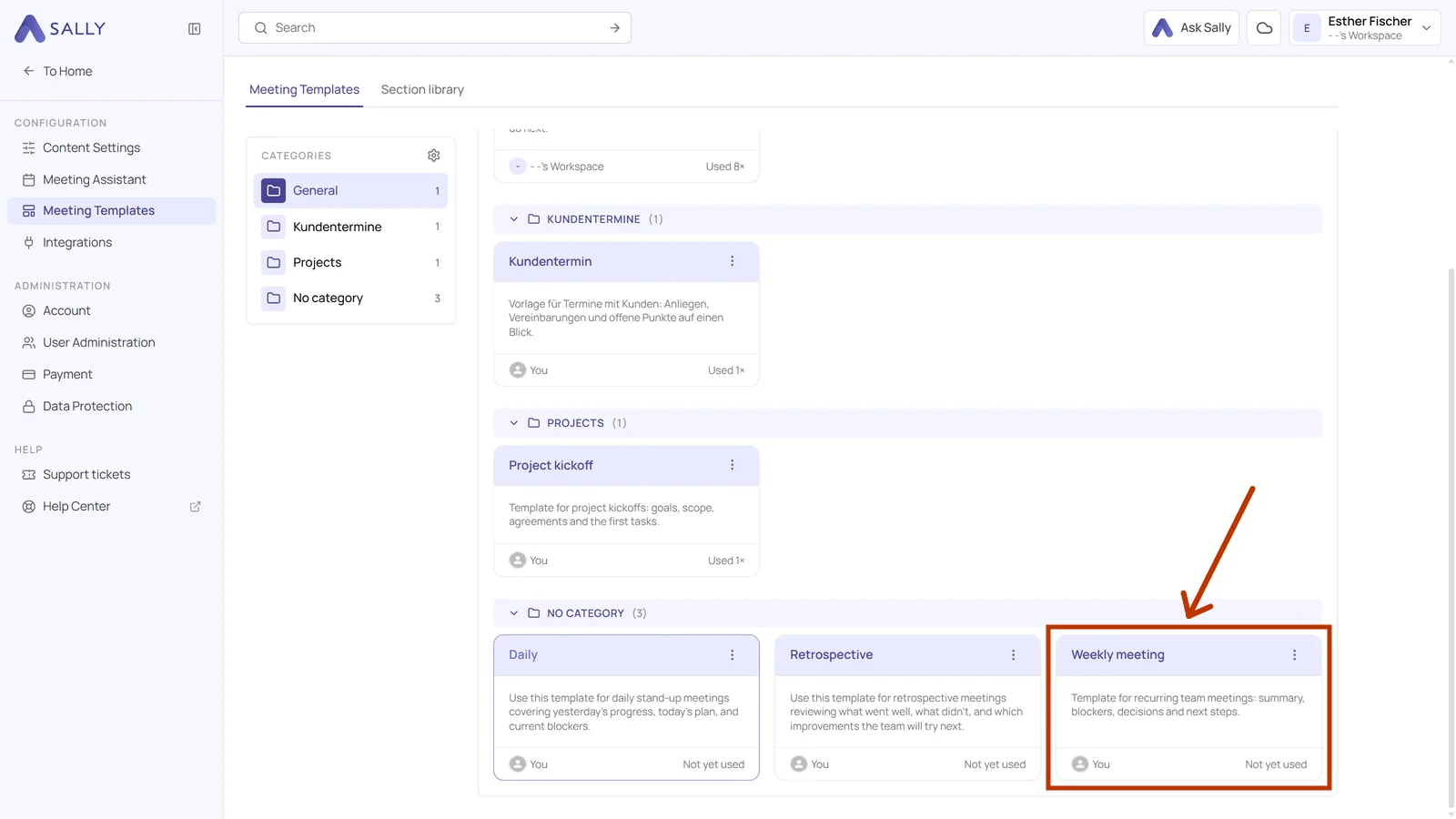 Meeting templates overview with a template card highlighted