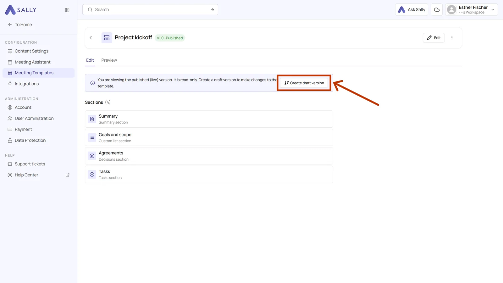 Published template with the Create draft version button highlighted