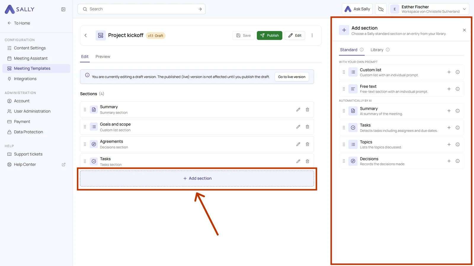 Highlighted Add section button and the panel with the Standard tab and the two groups of section types