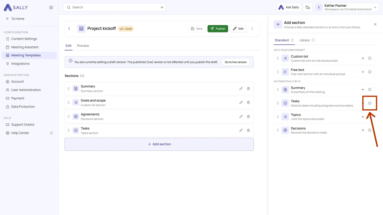 Section type list with the highlighted info icon next to the tasks section