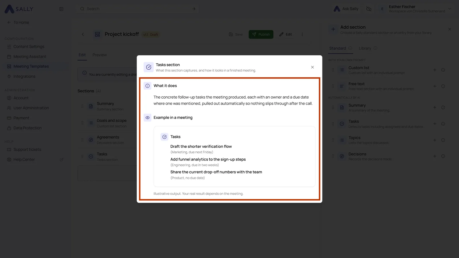 Highlighted explanation of the tasks section with a description and an example of the finished output