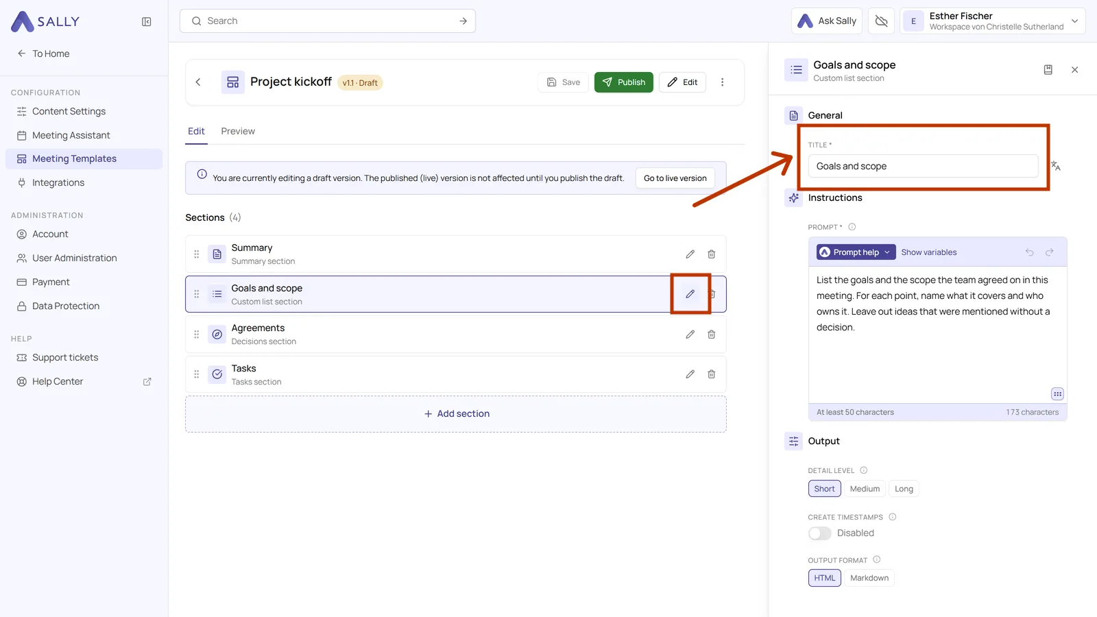 Section settings with the highlighted title field and the marked pencil icon in the section list