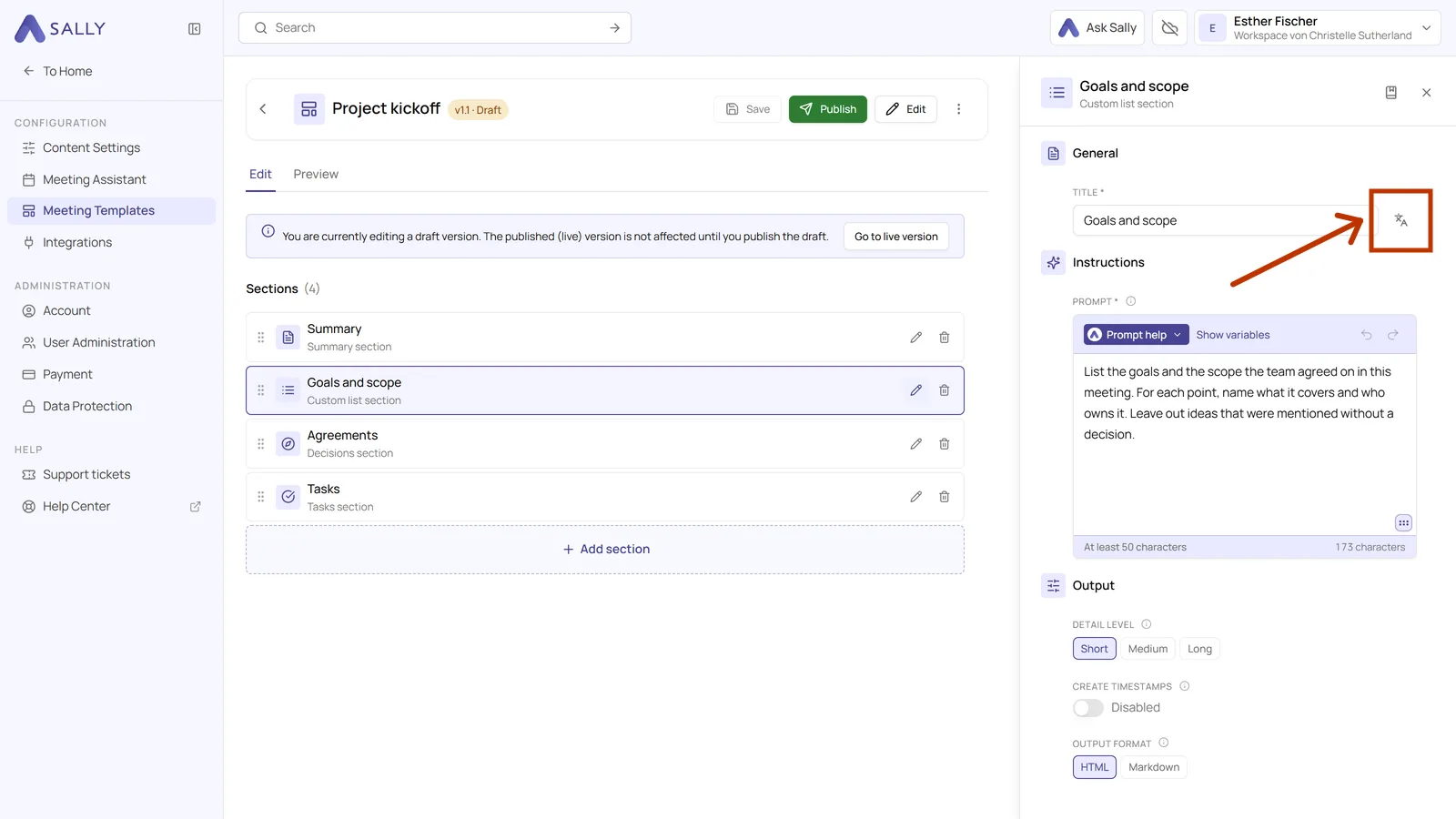 Section settings with the highlighted icon for translating the title next to the title field